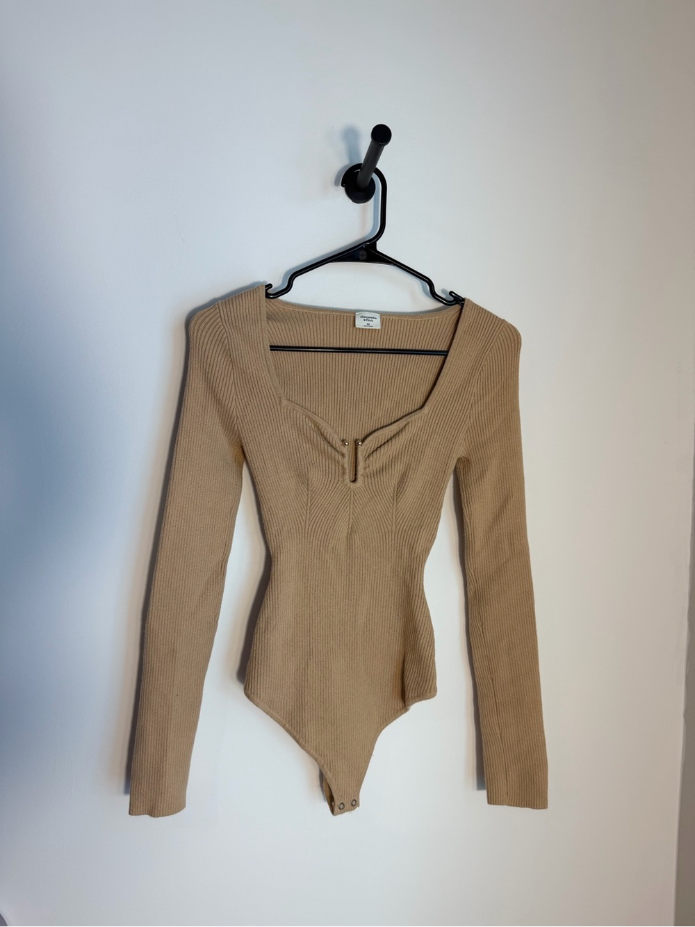 Abercrombie & Fitch Ribbed Square Neck Bodysuit in Beige